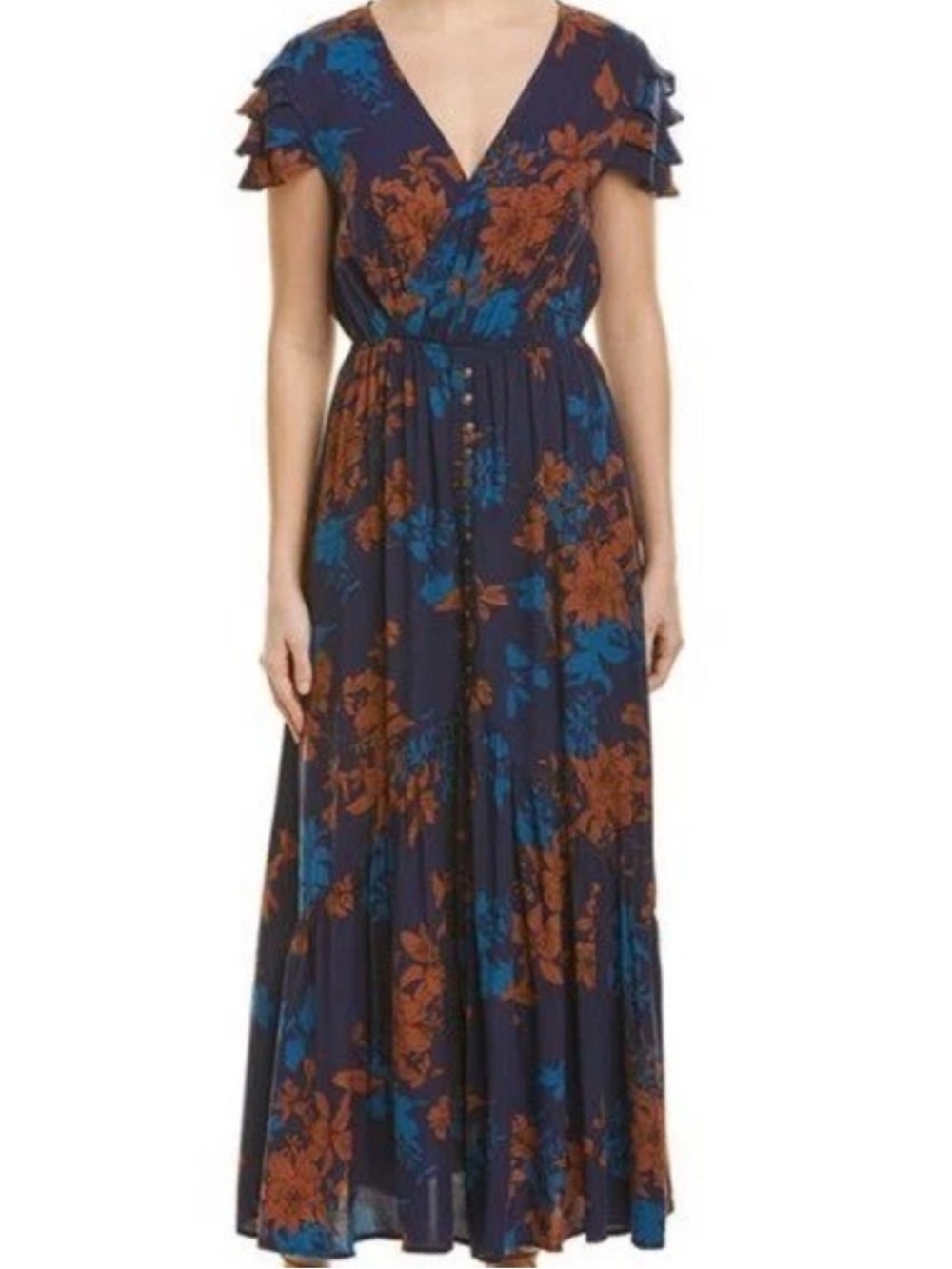 Sage Navy Floral Wrap Maxi Dress with Rust & Teal Blooms